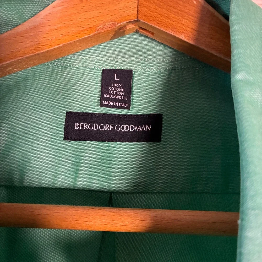 Bergdorf Goodman Men L button down cotton long sleeve shirt Made in Italy green